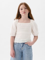 Gap White Puff Sleeve Square Neck Smocked Top (4yrs-13yrs) - Image 1 of 3