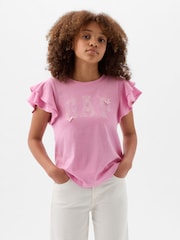 Gap Pink Embroidered Logo Short Flutter Sleeve Crew Neck T-Shirt (4-13yrs) - Image 1 of 4