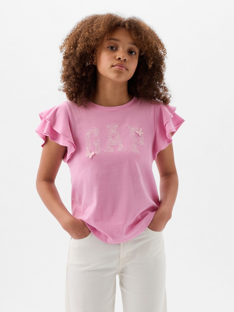 Gap Pink Embroidered Logo Short Flutter Sleeve Crew Neck T-Shirt (4-13yrs) - Image 1 of 4 Gap Pink Embroidered Logo Short Flutter Sleeve Crew Neck T-Shirt (4-13yrs) - Image 1 of 4