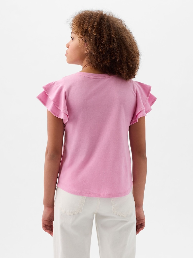 Gap Pink Embroidered Logo Short Flutter Sleeve Crew Neck T-Shirt (4-13yrs) - Image 2 of 4 Gap Pink Embroidered Logo Short Flutter Sleeve Crew Neck T-Shirt (4-13yrs) - Image 2 of 4