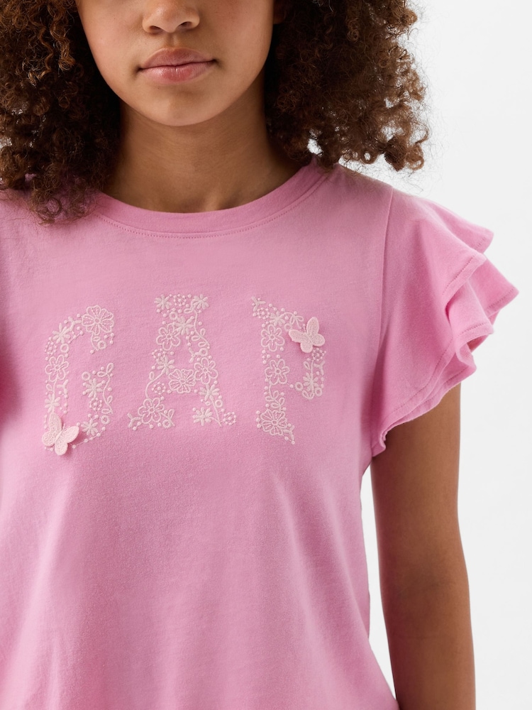 Gap Pink Embroidered Logo Short Flutter Sleeve Crew Neck T-Shirt (4-13yrs) - Image 4 of 4 Gap Pink Embroidered Logo Short Flutter Sleeve Crew Neck T-Shirt (4-13yrs) - Image 4 of 4
