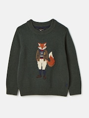 Joules Kids' Jonty Green Intarsia Fox Artwork Jumper - Image 1 of 1