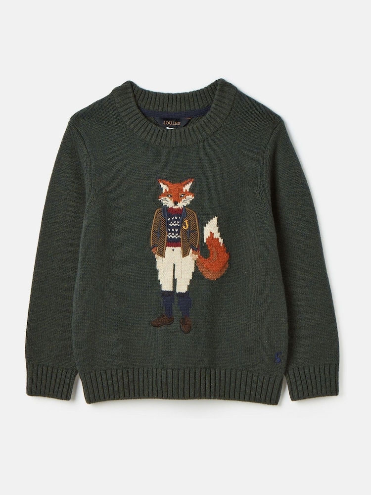 Joules Kids' Jonty Green Intarsia Fox Artwork Jumper - Image 1 of 1