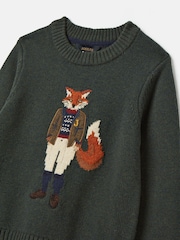 Joules Kids' Jonty Green Intarsia Fox Artwork Jumper - Image 3 of 5