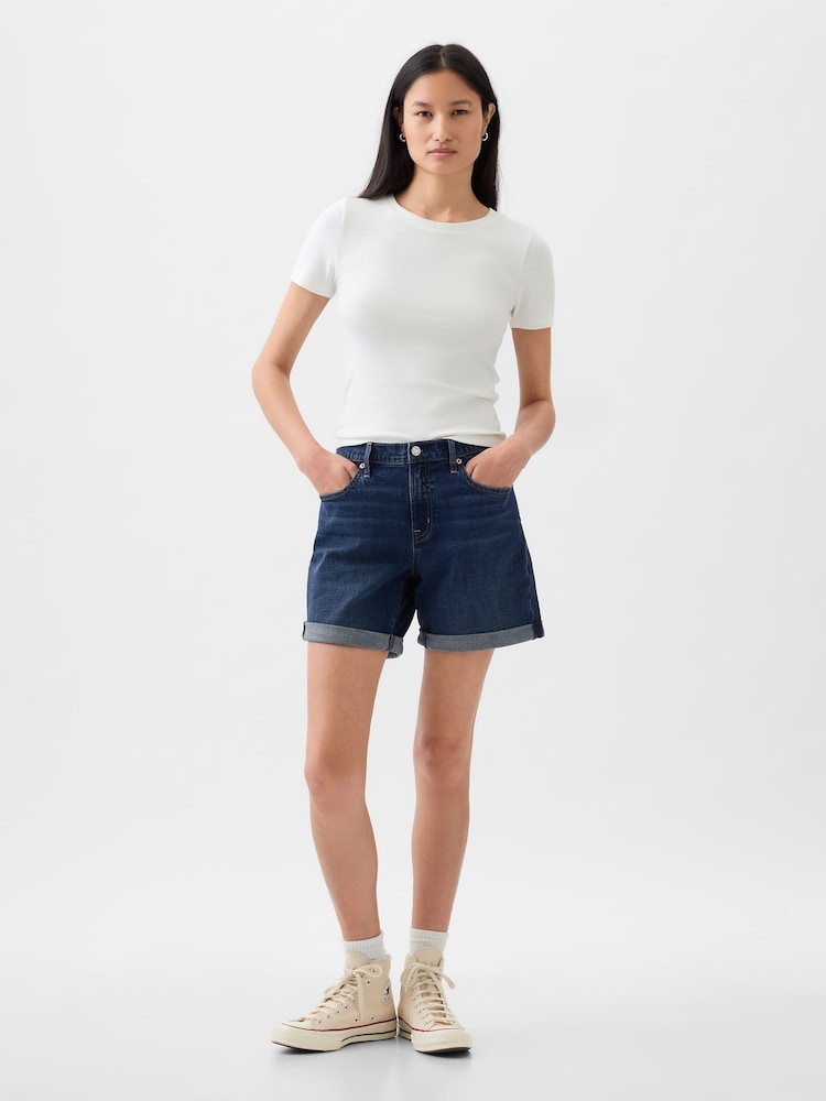 Gap Dark Blue Light Destructed Denim Mid Rise Girlfriend Shorts - Image 1 of 5