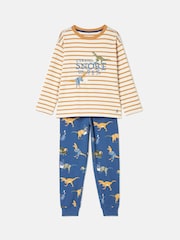 Joules Doze Days Blue & Orange Dinosaur Print Jersey Pyjama Set - Image 1 of 9