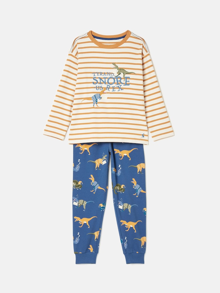 Joules Doze Days Blue & Orange Dinosaur Print Jersey Pyjama Set - Image 1 of 9
