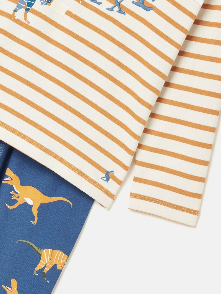Joules Doze Days Blue & Orange Dinosaur Print Jersey Pyjama Set - Image 3 of 9