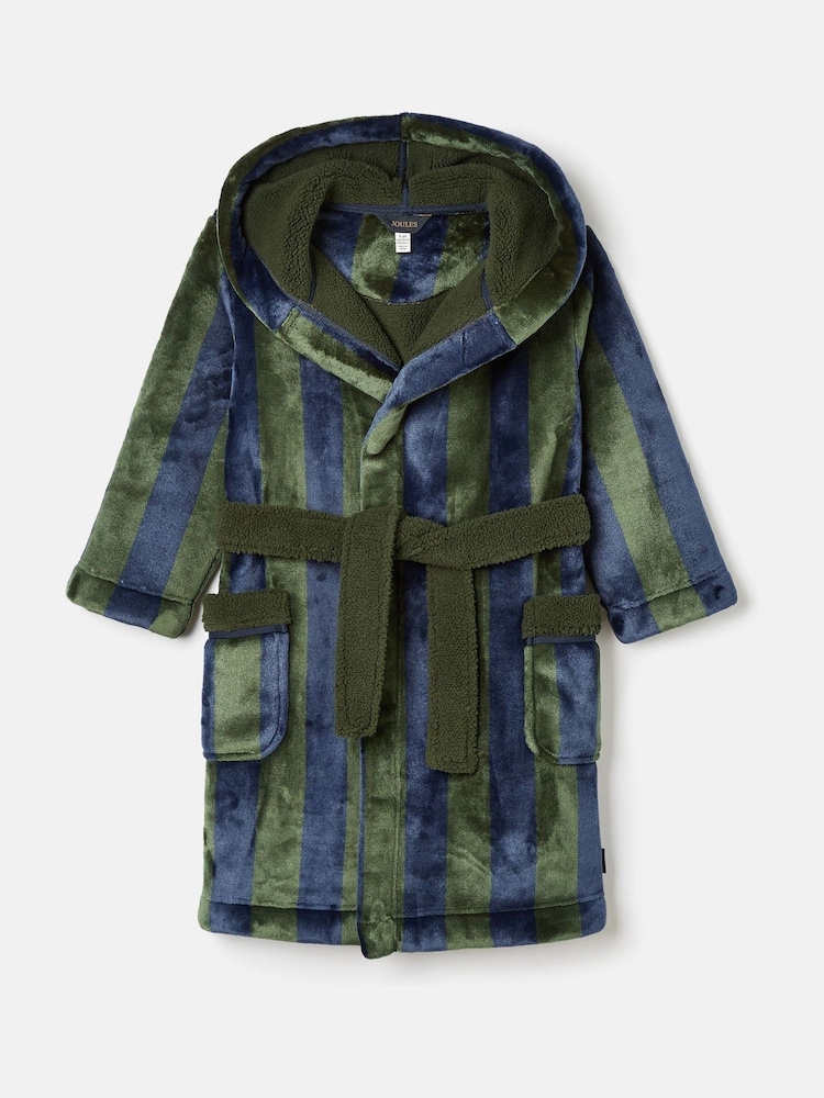 Joules Boys' Montague Green & Blue Stripe Fleece Dressing Gown - Image 1 of 4