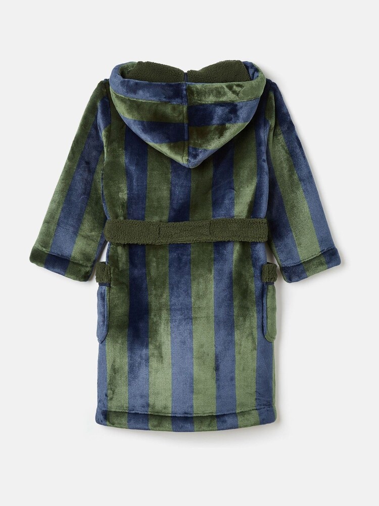Joules Boys' Montague Green & Blue Stripe Fleece Dressing Gown - Image 2 of 4