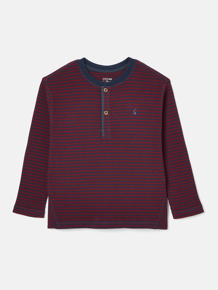 Joules Boys' Arthur Berry Red & Navy Stripe Henley Top - Image 1 of 4 Joules Boys' Arthur Berry Red & Navy Stripe Henley Top - Image 1 of 4