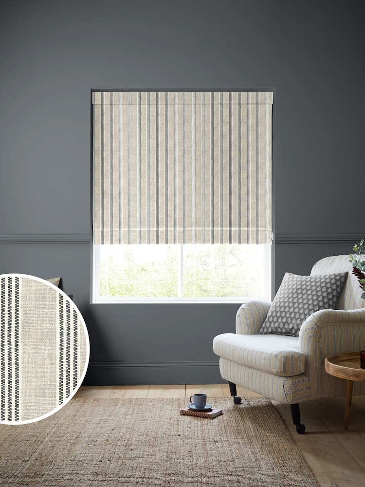 Emily Bond Charcoal Grey George Printed Stripe Made to Measure 100% Cotton Roman Blind - Image 1 of 5