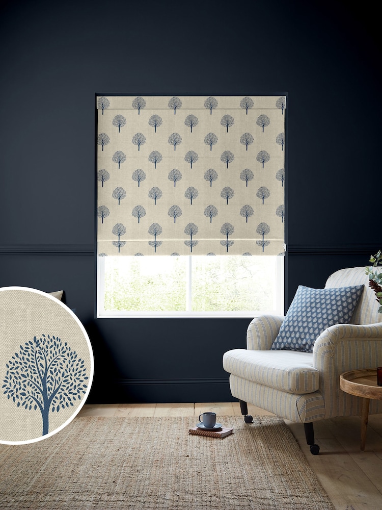 Emily Bond Navy Blue Yew Tree Made to Measure 100% Cotton Roman Blinds - Image 1 of 5