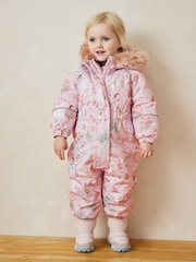 Pink Unicorn Waterproof Faux Fur Trim Printed Snowsuit (3mths-7yrs) - Image 1 of 9