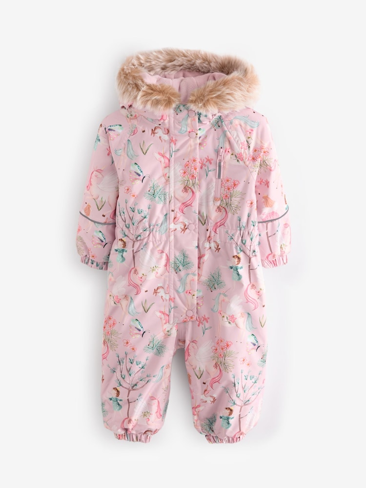 Buy Pink Unicorn Waterproof Faux Fur Trim Printed Snowsuit (3mths