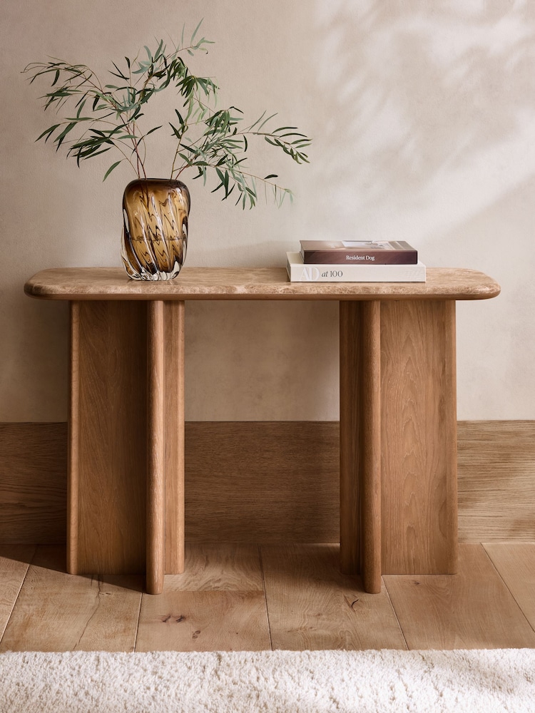 Natural N. Premium Aviano Oak and Oak Veneer Marble Console Table - Image 1 of 8