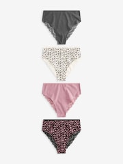 Black/Grey/Cream/Pink Printed High Rise High Leg Cotton and Lace Knickers 4 Pack - Image 1 of 6