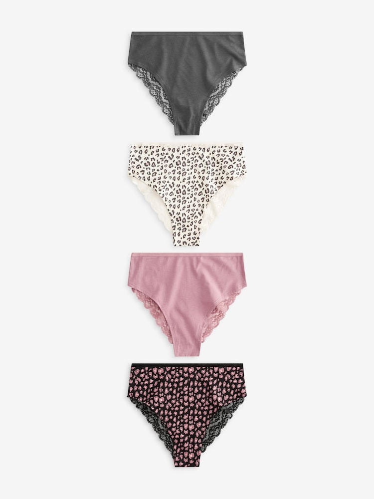 Black/Grey/Cream/Pink Printed High Rise High Leg Cotton and Lace Knickers 4 Pack - Image 1 of 6