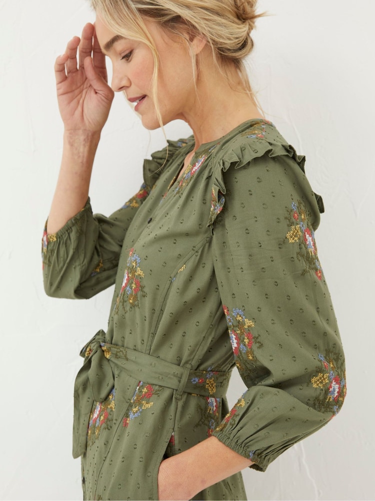 FatFace Green Embroidered Shirt Dress - Image 3 of 5