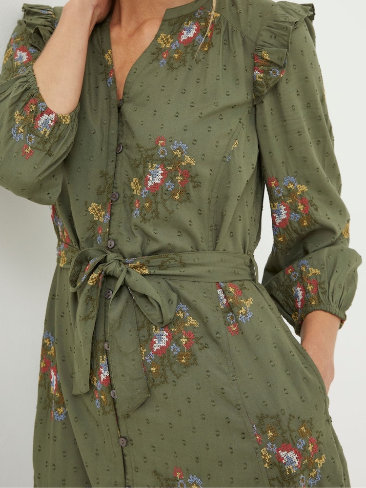 FatFace Green Embroidered Shirt Dress - Image 4 of 5