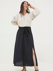 FatFace Sascha Black Midi Skirt With Linen - Image 3 of 5