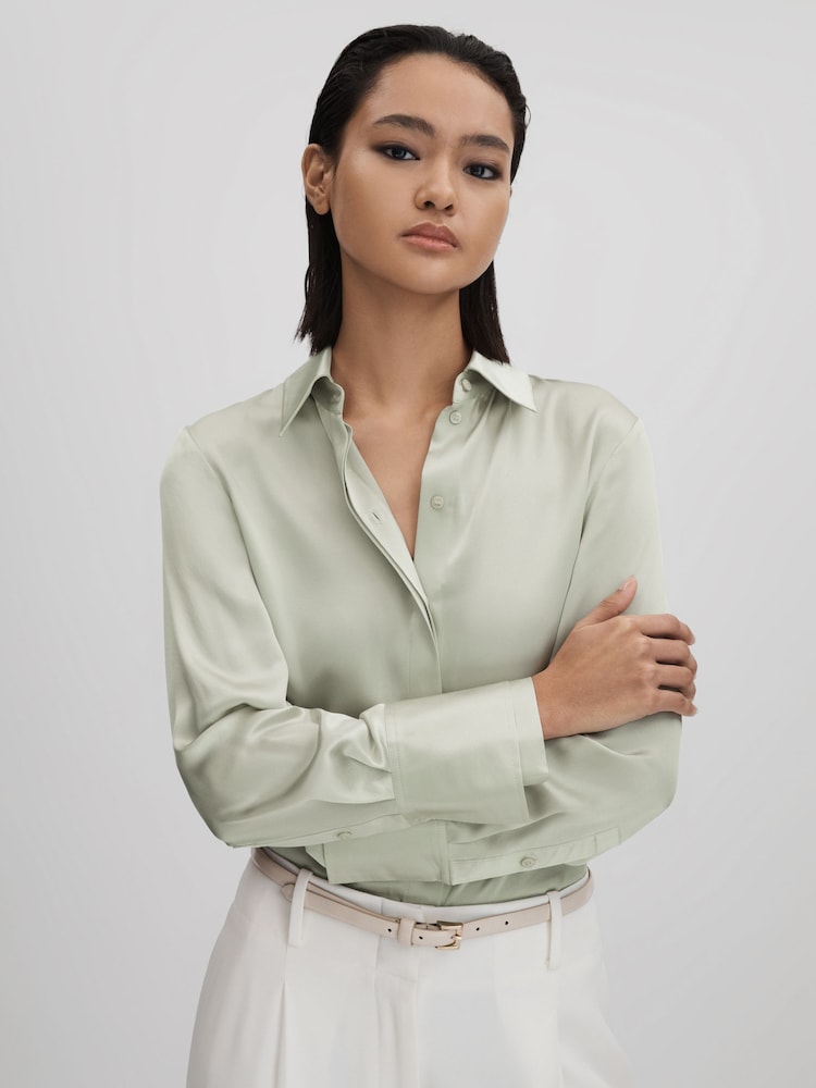 Reiss Green Irina Silk Button-Through Shirt - Image 1 of 6
