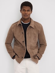 Reiss Mocha Roma Suede Button-Through Jacket - Image 1 of 6