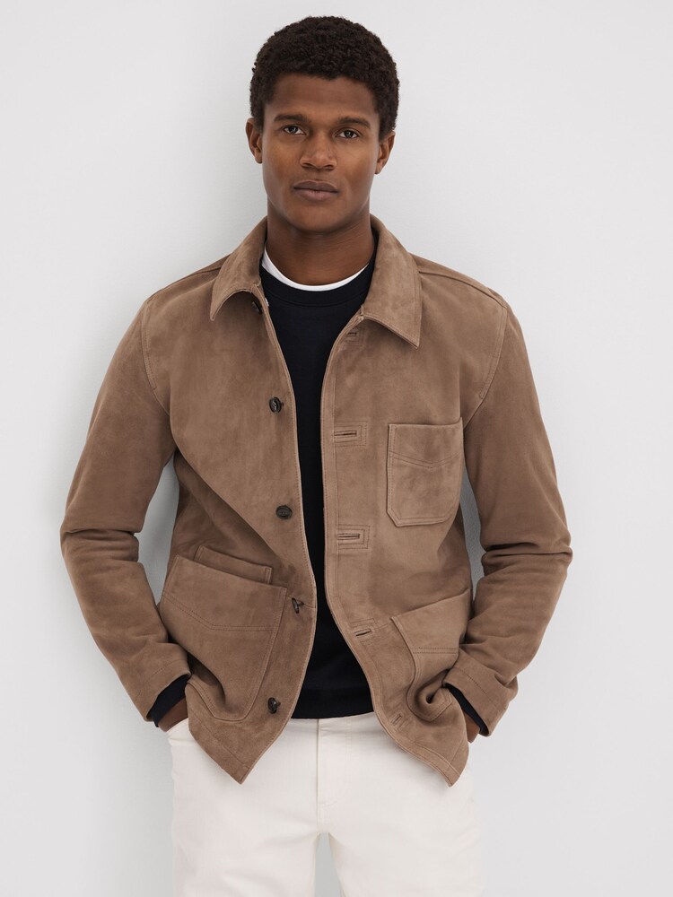 Reiss Mocha Roma Suede Button-Through Jacket - Image 1 of 6