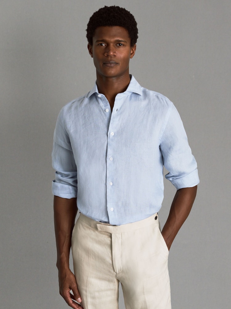 Reiss Light Blue Ruban Linen Button-Through Shirt - Image 1 of 6