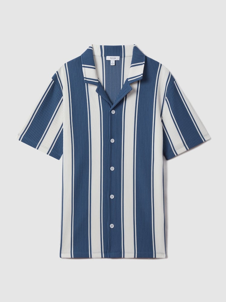 Reiss Airforce Blue/White Alton Slim Fit Ribbed Cuban Collar Shirt - Image 2 of 5