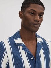 Reiss Airforce Blue/White Alton Slim Fit Ribbed Cuban Collar Shirt - Image 4 of 5