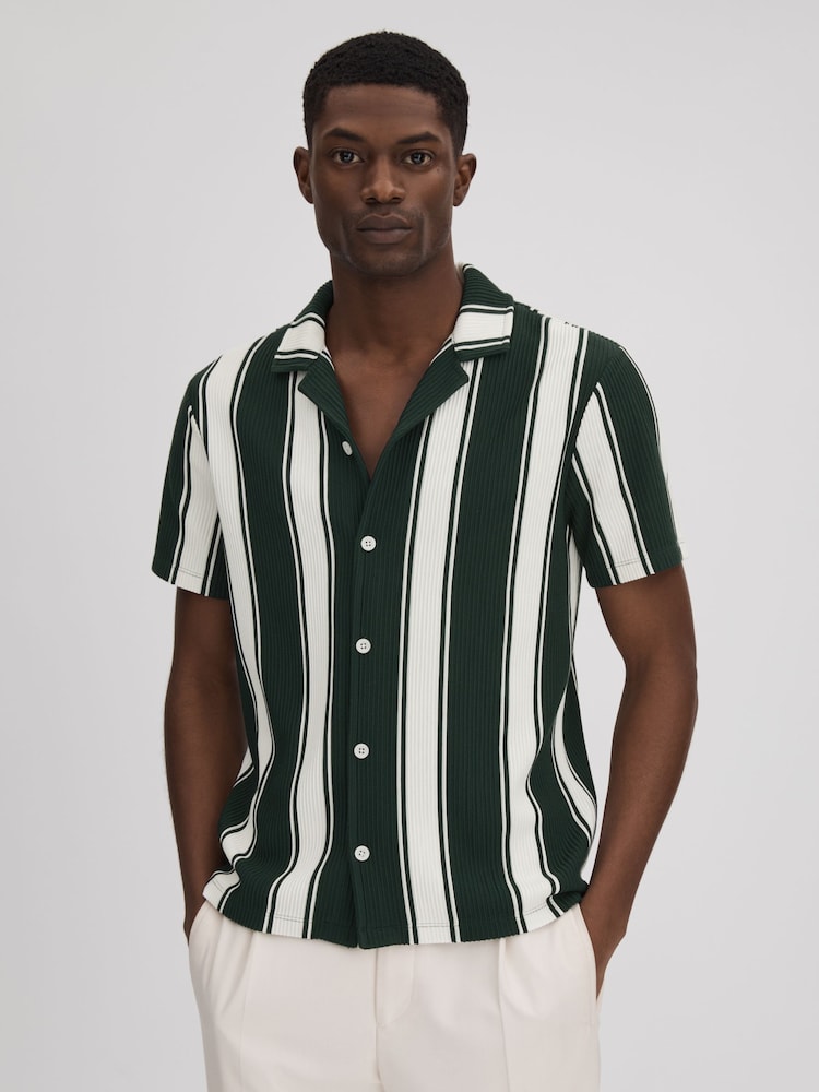 Reiss Green/White Alton Slim Fit Ribbed Cuban Collar Shirt - Image 1 of 6