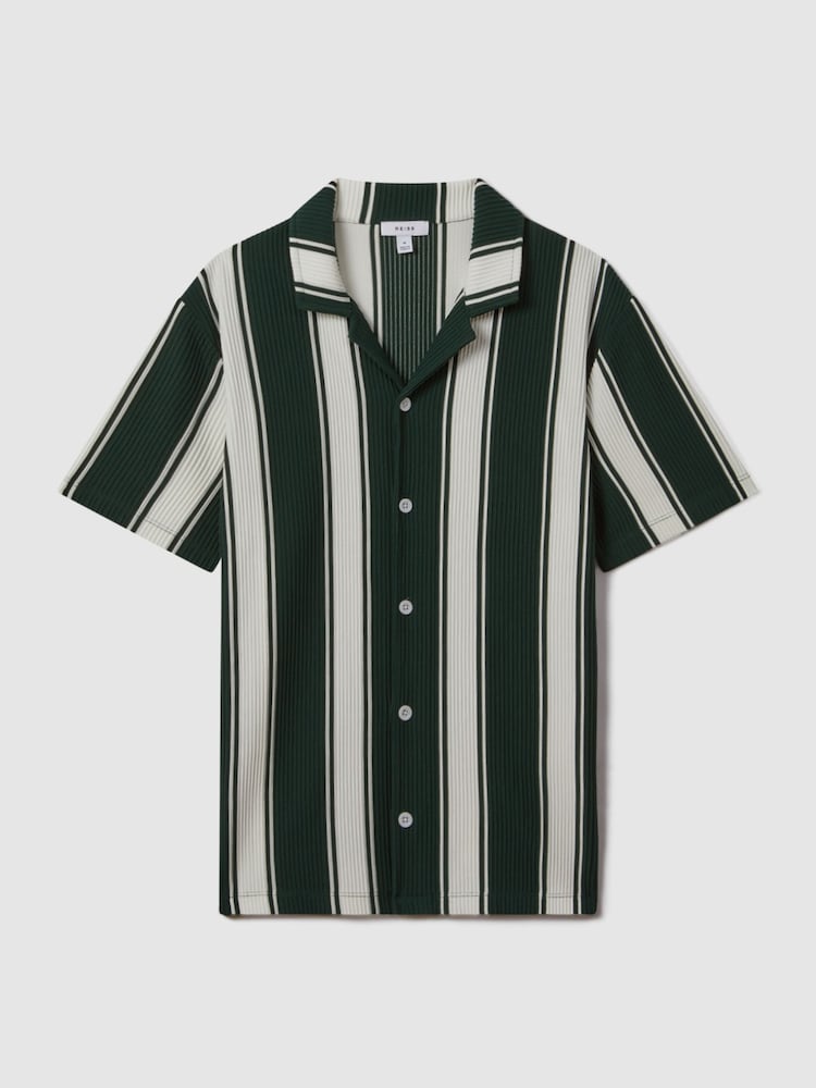 Reiss Green/White Alton Slim Fit Ribbed Cuban Collar Shirt - Image 2 of 6