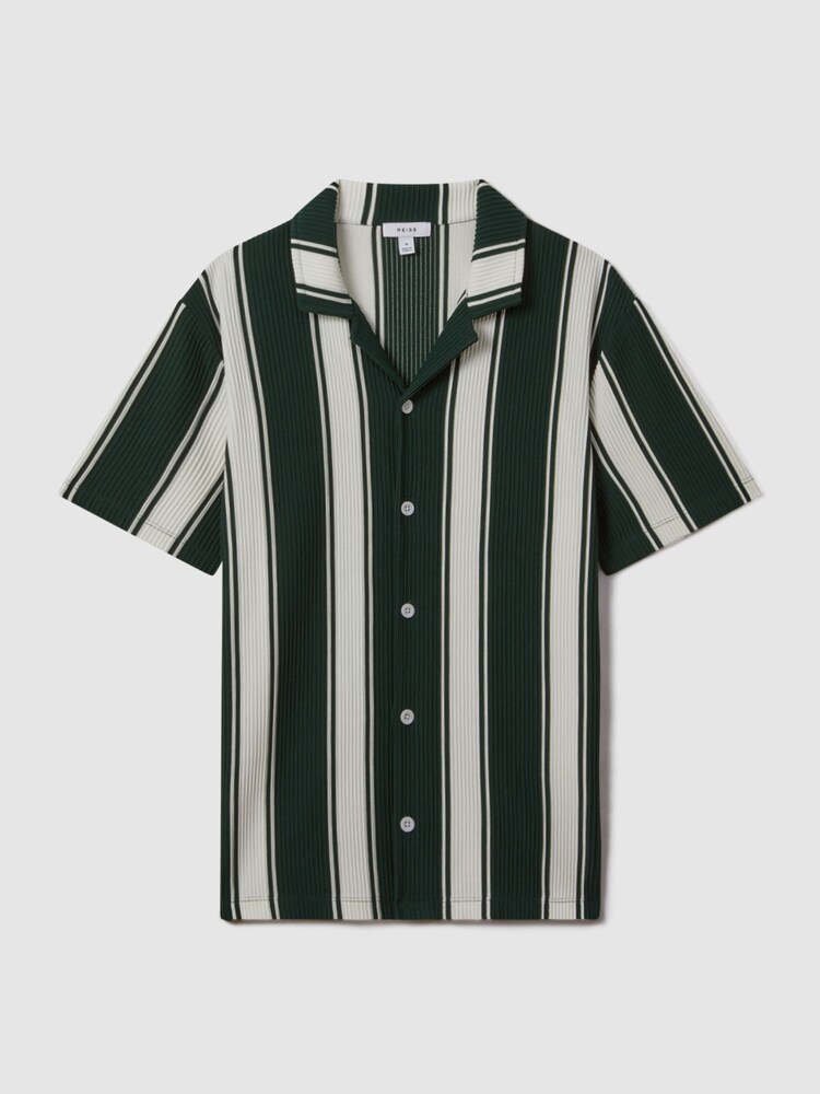 Reiss Green/White Alton Slim Fit Ribbed Cuban Collar Shirt - Image 2 of 6 Reiss Green/White Alton Slim Fit Ribbed Cuban Collar Shirt - Image 2 of 6