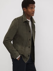 Reiss Moss Green Roma Suede Button-Through Jacket - Image 1 of 7
