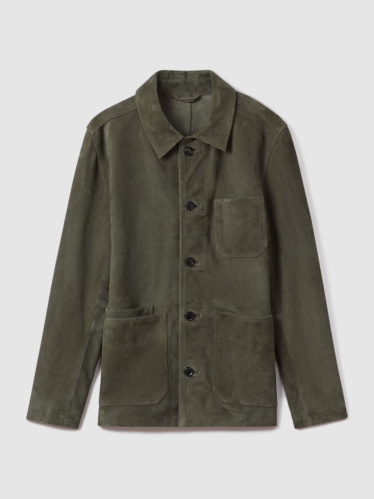 Reiss Moss Green Roma Suede Button-Through Jacket - Image 2 of 7 Reiss Moss Green Roma Suede Button-Through Jacket - Image 2 of 7