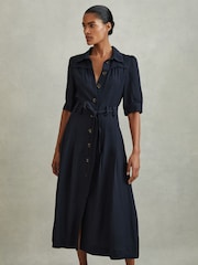 Reiss Navy Malika Belted Cap Sleeve Midi Dress With Linen - Image 1 of 5