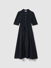 Reiss Navy Malika Belted Cap Sleeve Midi Dress With Linen - Image 2 of 5