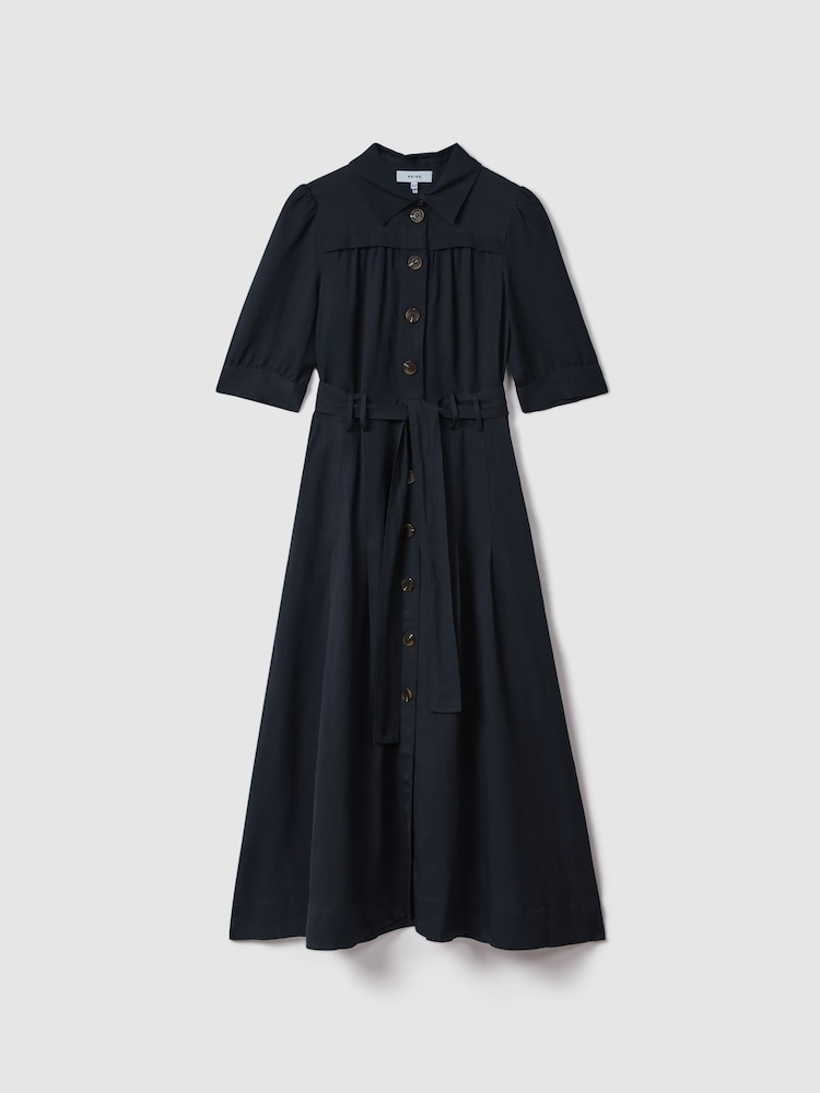 Reiss Navy Malika Belted Cap Sleeve Midi Dress With Linen - Image 2 of 5
