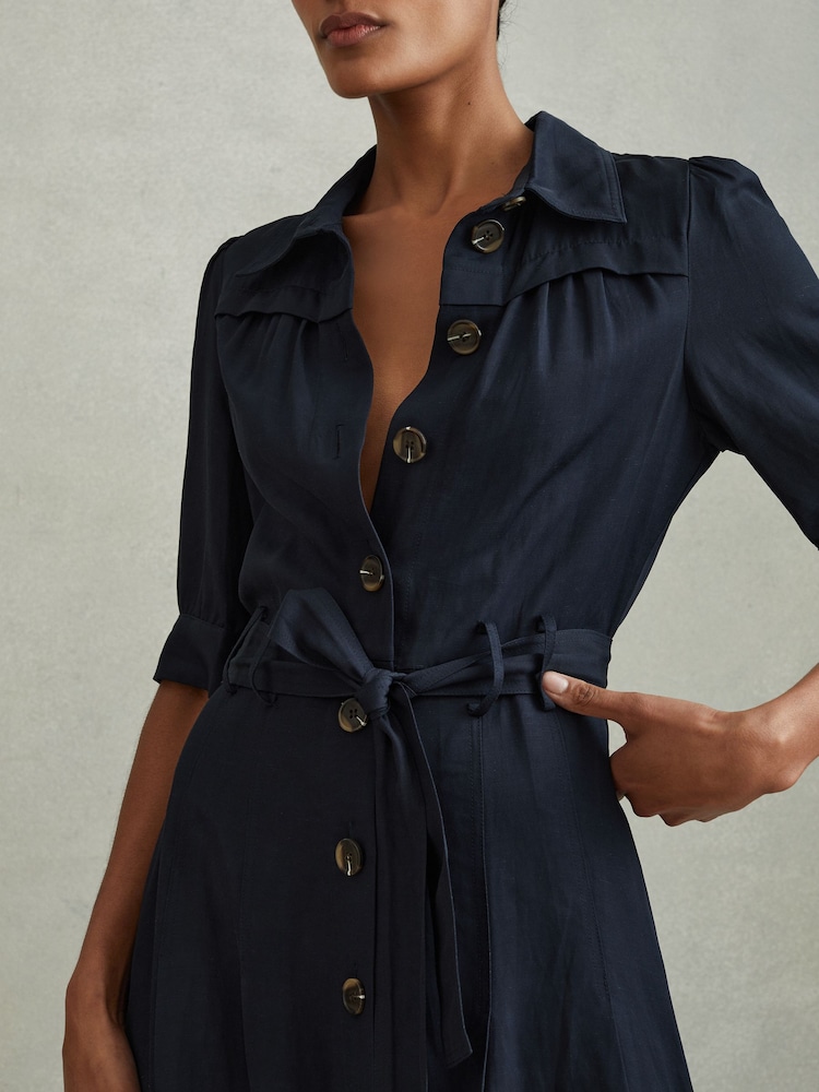 Buy Reiss Navy Malika Belted Cap Sleeve Midi Dress With Linen from Next USA