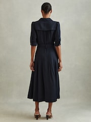 Reiss Navy Malika Belted Cap Sleeve Midi Dress With Linen - Image 4 of 5