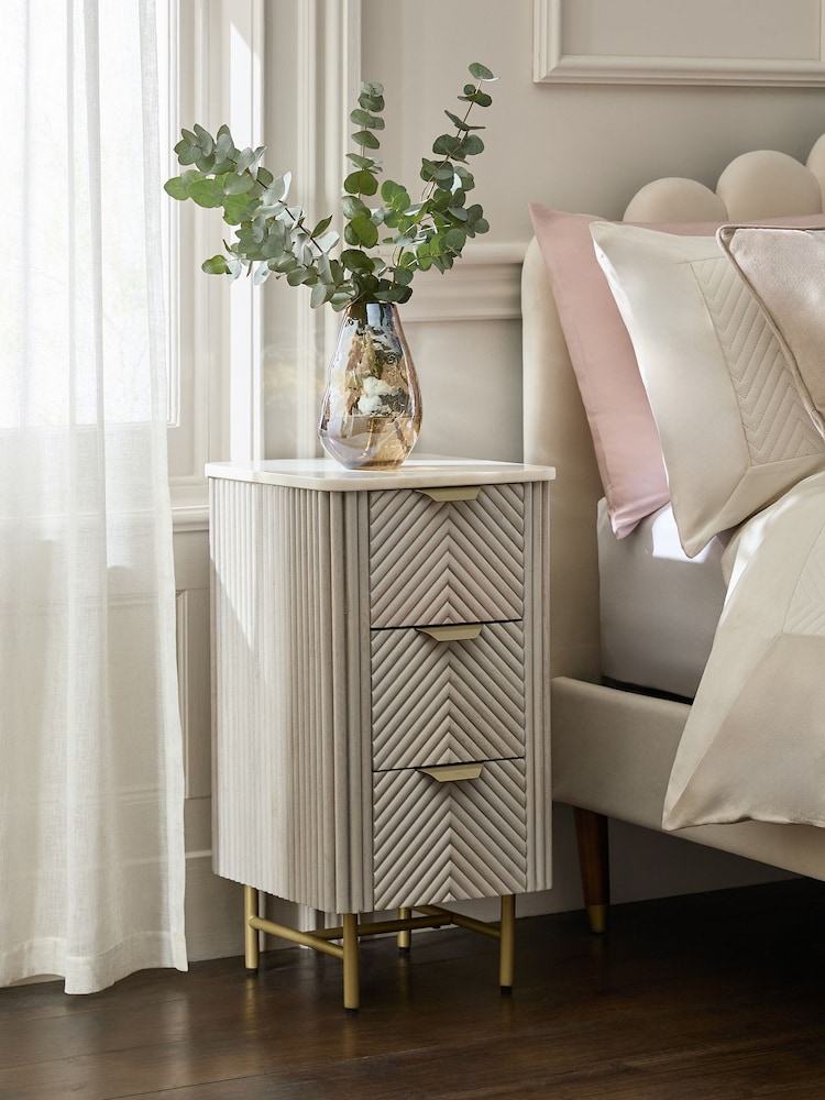 Light Grey Valencia Marble and Mango Wood 3 Drawer Slim Bedside Table - Image 1 of 7