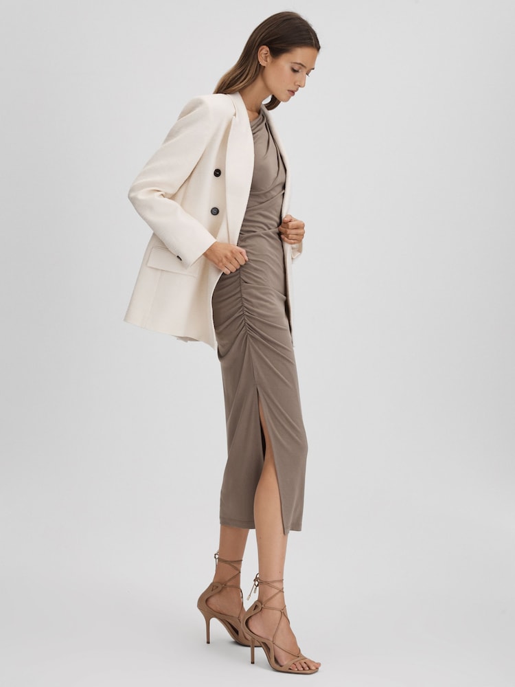 Reiss Mocha Fern Bodycon Ruched Midi Dress - Image 6 of 6