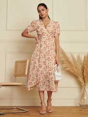Jolie Moi Nude Puff Sleeve Chiffon Wrap Midi Dress - Image 1 of 7