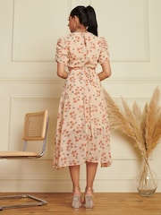Jolie Moi Nude Puff Sleeve Chiffon Wrap Midi Dress - Image 2 of 7