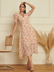 Jolie Moi Nude Puff Sleeve Chiffon Wrap Midi Dress - Image 3 of 7