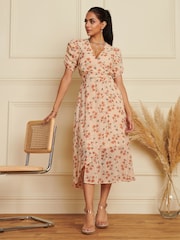 Jolie Moi Nude Puff Sleeve Chiffon Wrap Midi Dress - Image 5 of 7