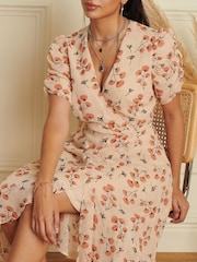 Jolie Moi Nude Puff Sleeve Chiffon Wrap Midi Dress - Image 6 of 7