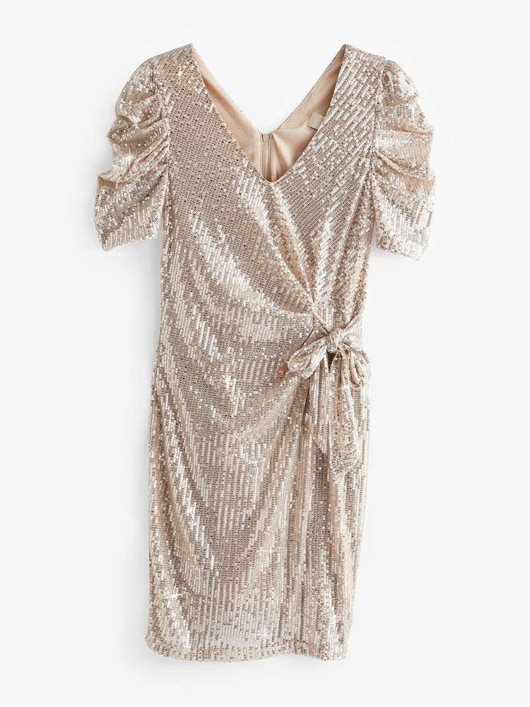Jolie Moi Cream Sequins V-Neck Ruched Pencil Dress - Image 7 of 7