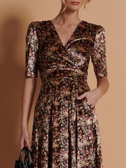Jolie Moi Yellow Floral Print Velvet Maxi Dress - Image 3 of 7